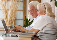 Senior man and woman using a laptop computer in their living room